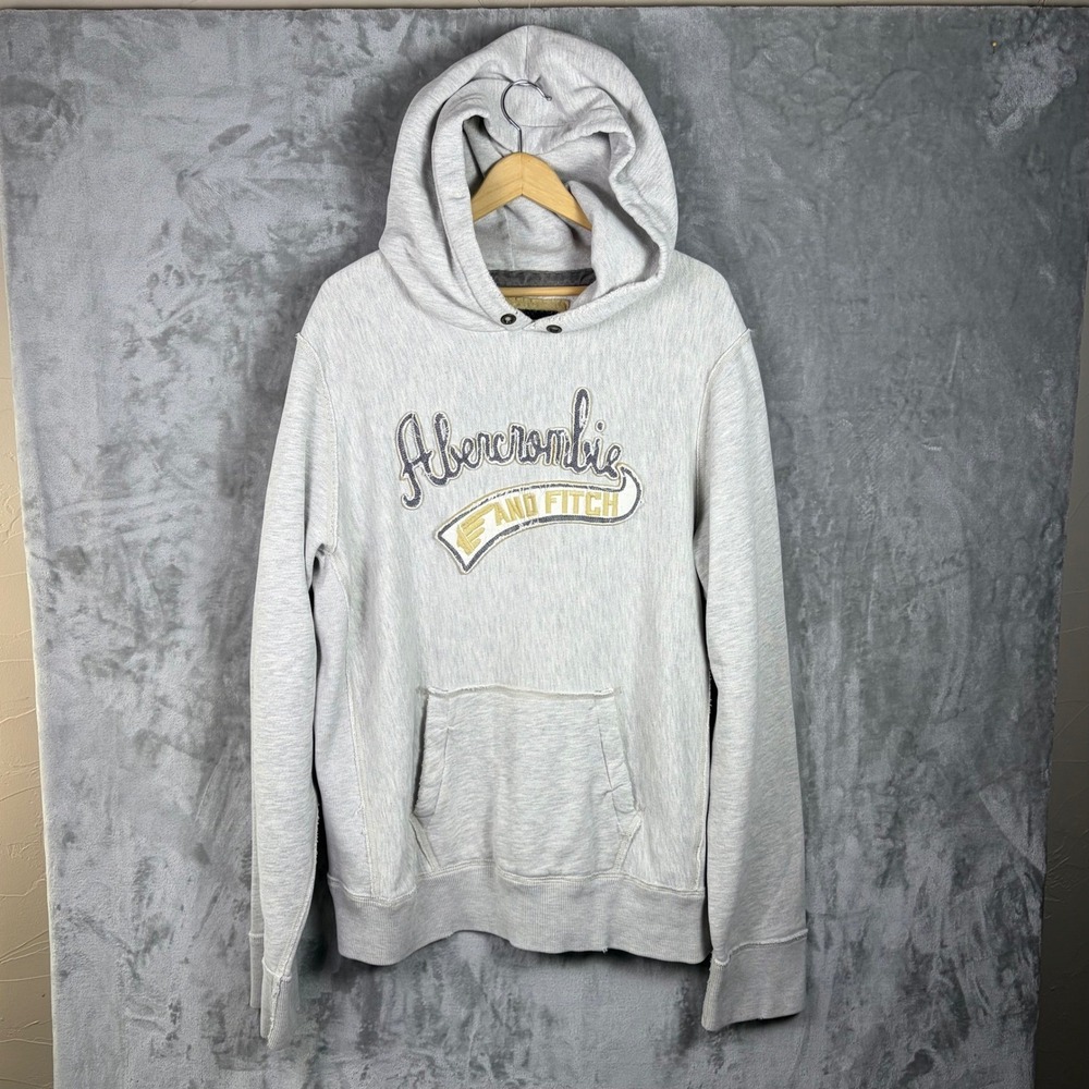 Y2K Abercrombie Hoodie XXL Grey Pullover Logo Mens Sweatshirt Casual